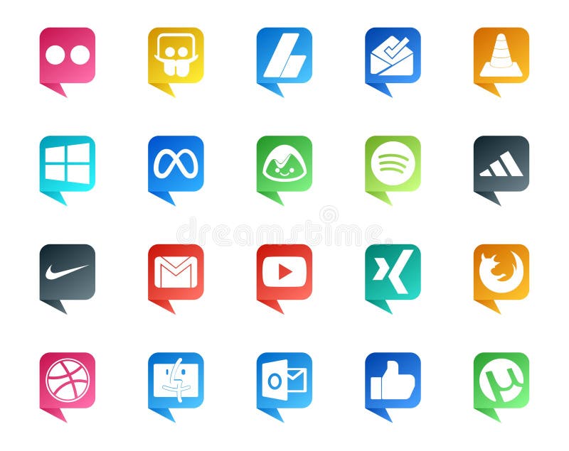 20 Social Media Speech Bubble Style Logo like mail. gmail. windows. nike. spotify vector illustration