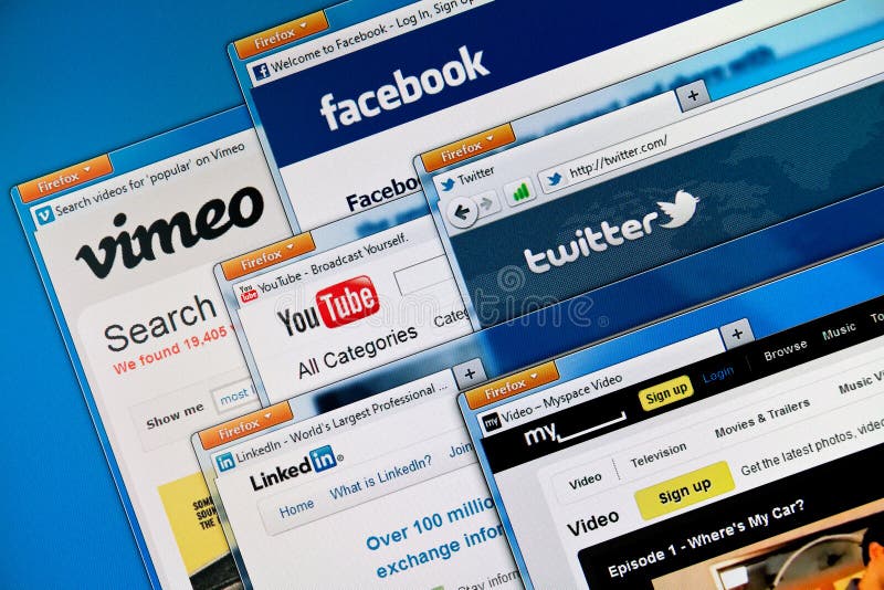 Social media web sites. On a computer screen, including Vimeo, Facebook, Youtube, Twitter, Linkedin and MySpace stock images