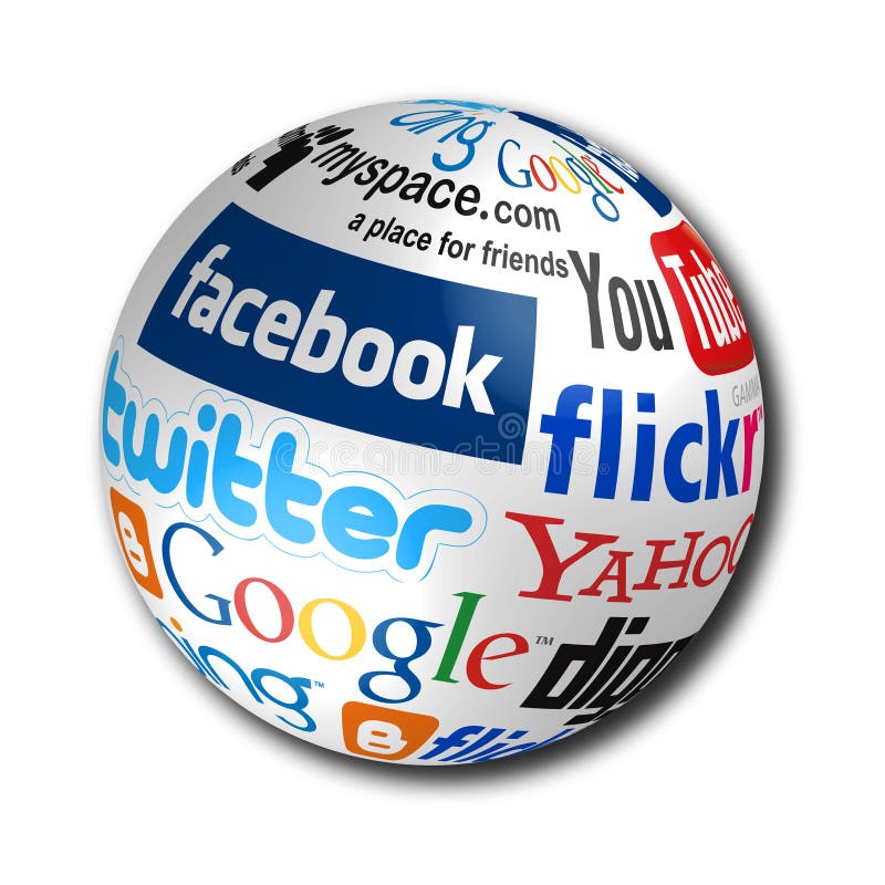 Popular social media networks names on world globe. Popular social media networks names on world globe