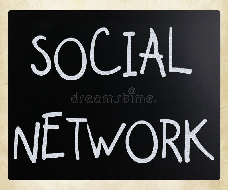 The word Social network handwritten with white chalk on a blackboard