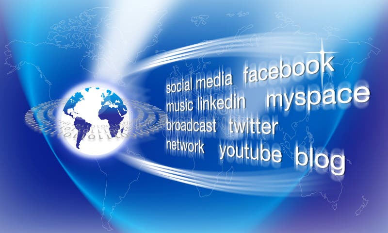 An image showing an illustration of the world and words which show different areas of social networking like Facebook, Twitter, Myspace and Youtube. All these companies have become worldwide names in what is quite a new media on the world wide web or internet.