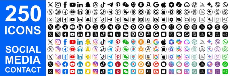 250 social network buttons, social media, tech company and ai web icon set, Facebook, Instagram, YouTube, TikTok, Apple, Amazon royalty free illustration