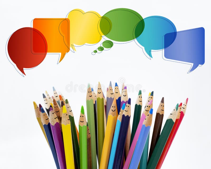 Social network communication. Colored pencils funny faces of people smiling. Talking. Group of people talking. Dialogue group of p stock photos Social network communication. Colored pencils funny faces of people smiling. Talking. Group of people talking. Dialogue group of p stock photos