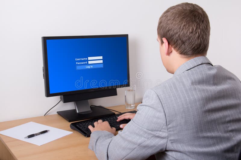 Social network concept - business man using personal computer in office. Digital system concept stock images, royalty-free photos and pictures