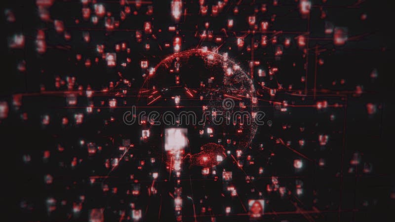 Motion video footage of big data and social network concept with connecting people portraits linked by bright red lines on the background of the planet model. Abstract 3D rendered shot in 4K.