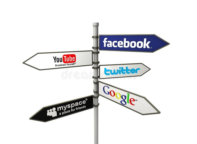 Popular social media networks names on signpost direction isolated on white background. Popular social media networks names on signpost direction isolated on white background.