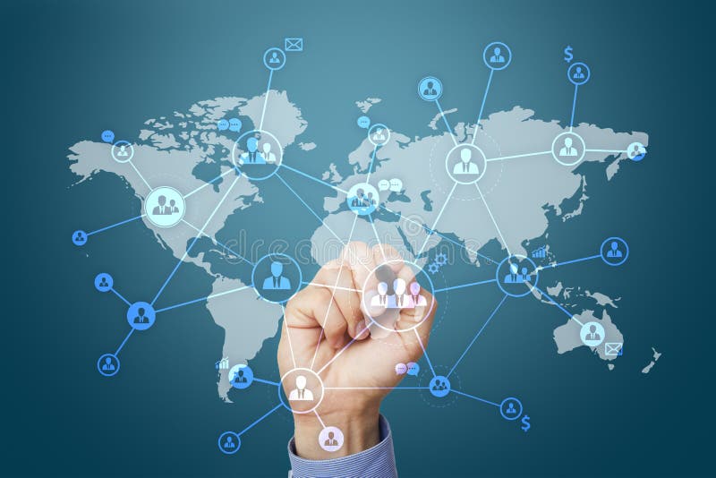 Social network and global recruitment, outsourcing and HR. Virtual screen with world map and peoples icons. Global network connection map stock images, royalty-free photos and pictures
