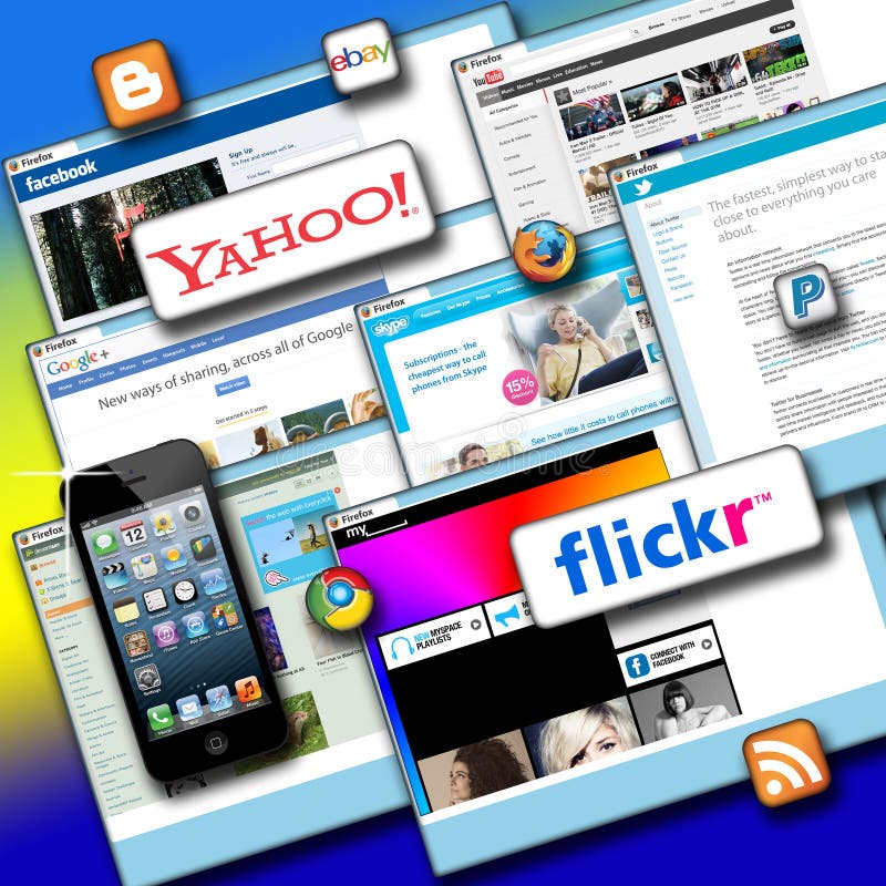 With the production of smaller mobile computers like Apple iPads and larger capacity iPhones it it now possible to these these to brows the internet and get a lot of things done on the move rather than having to wait to access the internet with a high capacity desktop computer. More people are using central servers to store items that can be accesses on the move. It is now possible to store photo images on servers that flicker host or video on you tube and myspace and put links in emails or on social networks like Twitter and Facebook so your friends and work mates can keep up with you. Plus, ebay is now more easy to access and keep up with your auction items and skype or ichat conferencing also helps to keep face to face communications instant. So now that computer items are getting smaller and more mobile it is possible with bluetooth and wi-fi to access the internet using your favourite browser like google chrome firefox or safari and using search engines like yahoo to have all the information you need instantly. Plus with paypal it is possible to pay and receive money into you bank online. Shown here is a montage of browser windows showing the leading social networking internet companies and logos of the leading brands with the new Apple iPhone 5. With the production of smaller mobile computers like Apple iPads and larger capacity iPhones it it now possible to these these to brows the internet and get a lot of things done on the move rather than having to wait to access the internet with a high capacity desktop computer. More people are using central servers to store items that can be accesses on the move. It is now possible to store photo images on servers that flicker host or video on you tube and myspace and put links in emails or on social networks like Twitter and Facebook so your friends and work mates can keep up with you. Plus, ebay is now more easy to access and keep up with your auction items and skype or ichat conferencing also helps to keep face to face communications instant. So now that computer items are getting smaller and more mobile it is possible with bluetooth and wi-fi to access the internet using your favourite browser like google chrome firefox or safari and using search engines like yahoo to have all the information you need instantly. Plus with paypal it is possible to pay and receive money into you bank online. Shown here is a montage of browser windows showing the leading social networking internet companies and logos of the leading brands with the new Apple iPhone 5.