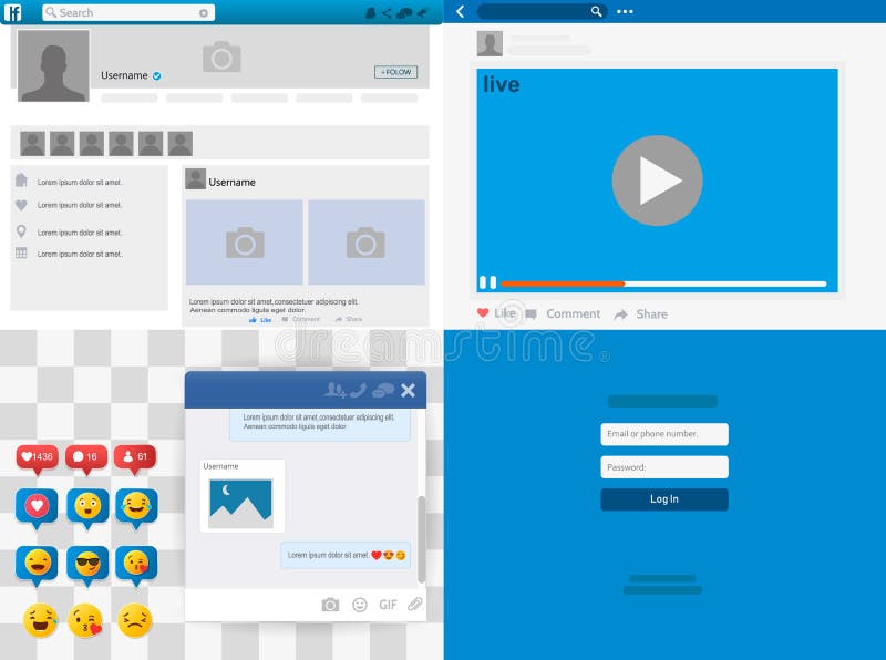 Social network Mock up, post frames and other pages, Web page browser, concept of Social Page Interface on the laptop vector illus vector illustration Social network Mock up, post frames and other pages, Web page browser, concept of Social Page Interface on the laptop vector illus vector illustration