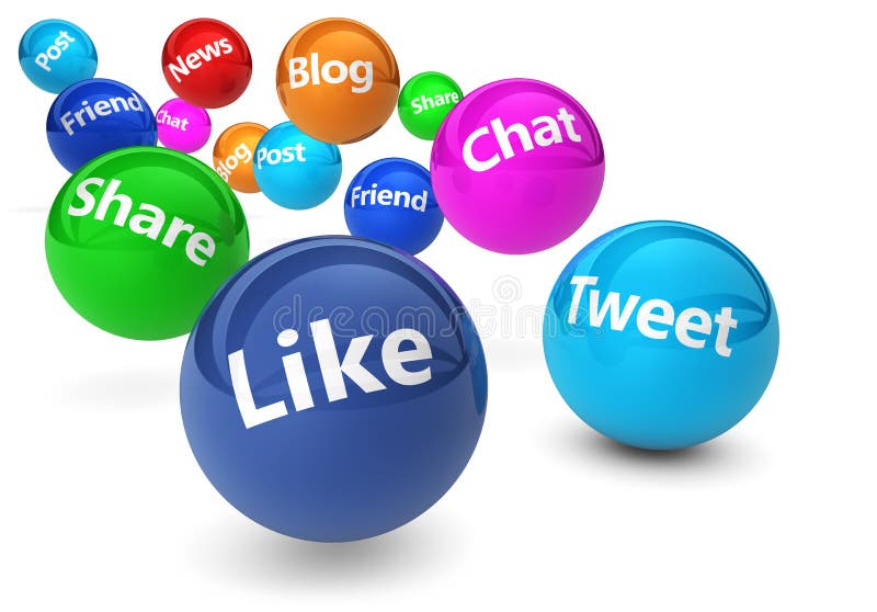 Web a Internet koncept sociální média a sociální sítě znaky a slova na skákající barevné koule izolovaných na bílém pozadí.