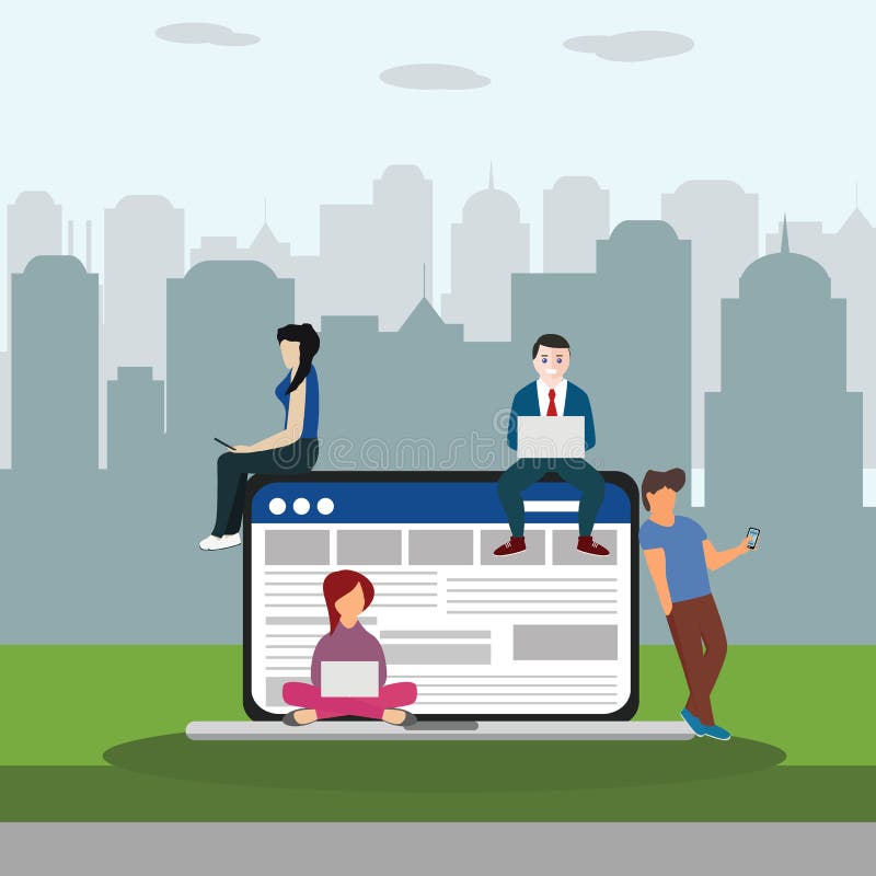 Social network web site surfing concept illustration of young people using mobile gadgets such as smartphone, tablet pc and laptop vector illustration Social network web site surfing concept illustration of young people using mobile gadgets such as smartphone, tablet pc and laptop vector illustration