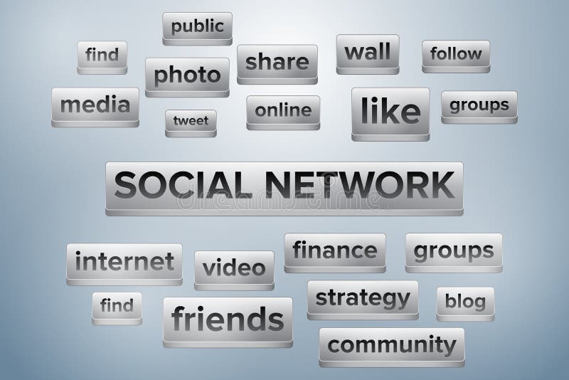Social network word cloud shaped like keyboard buttons stock illustration