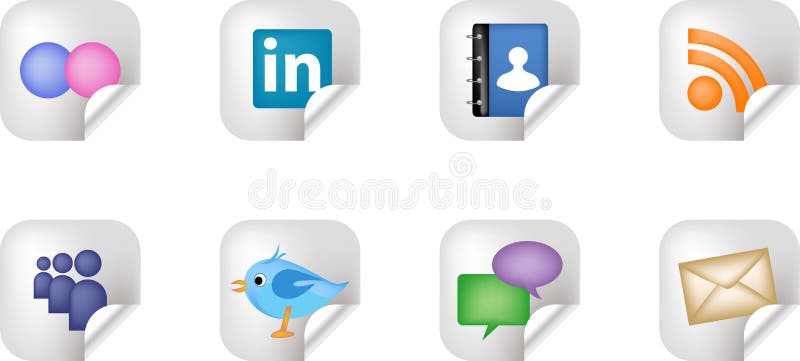 Set of 8 stickers displaying icons for social networking (Flickr, LinkedIn, Facebook, RSS, MySpace, Twitter, Chat/SMS, Email). Set of 8 stickers displaying icons for social networking (Flickr, LinkedIn, Facebook, RSS, MySpace, Twitter, Chat/SMS, Email).