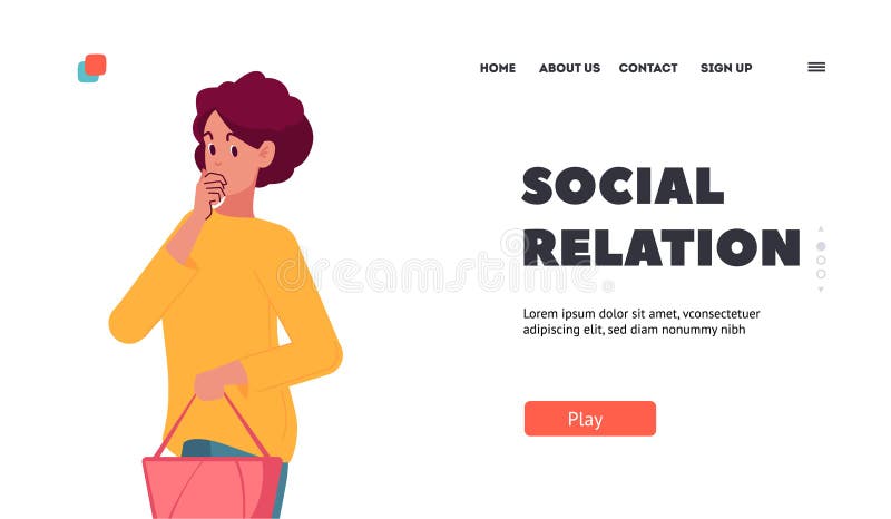 Social Relations Landing Page Template. Pensive Female Character Thinking. Thoughtful Woman Solving Problem stock illustration