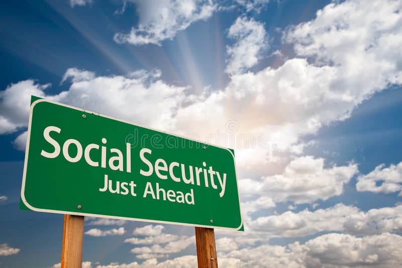 Social Security Green Road Sign Over Clouds. Social Security Green Road Sign Over Dramatic Clouds and Sky stock photo