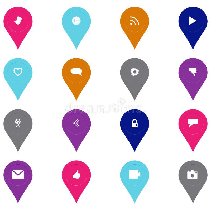 Social technology and media icon set based on networking symbols in bright colors in a pinpoint shape. Social technology and media icon set based on networking symbols in bright colors in a pinpoint shape