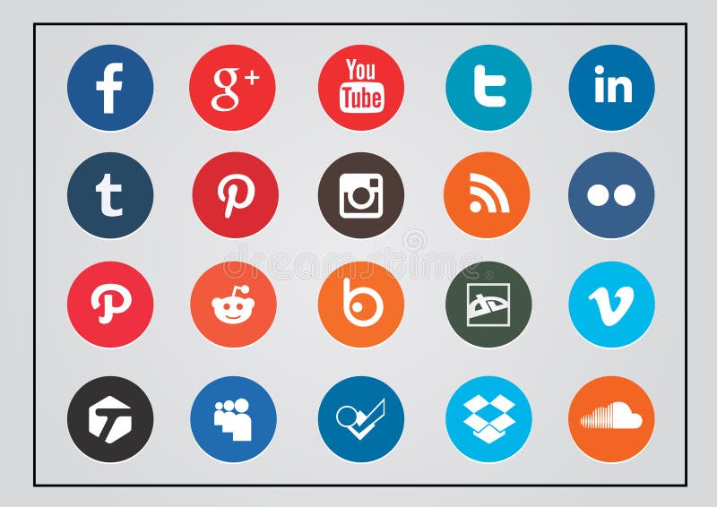 Social technology and media icon set based on networking symbols in bright colors. Social technology and media icon set based on networking symbols in bright colors.