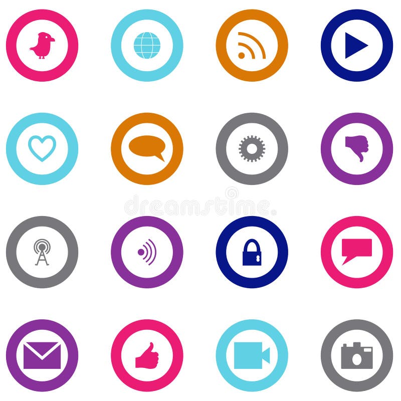 Social technology and media icon set based on networking symbols in bright colors. Social technology and media icon set based on networking symbols in bright colors