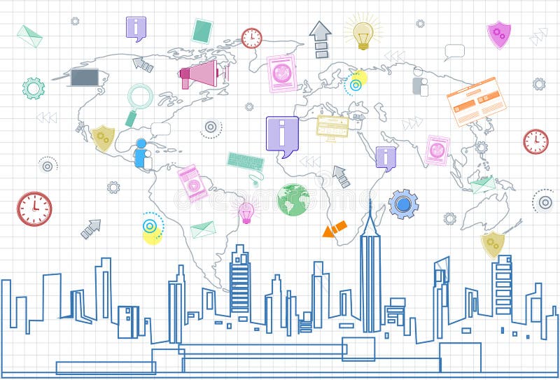 Sociale het Netwerkverbinding van Media Communication Internet over Geregelde de Meningscityscape van de Stadswolkenkrabber en We royalty-vrije illustratie Sociale het Netwerkverbinding van Media Communication Internet over Geregelde de Meningscityscape van de Stadswolkenkrabber en We royalty-vrije illustratie