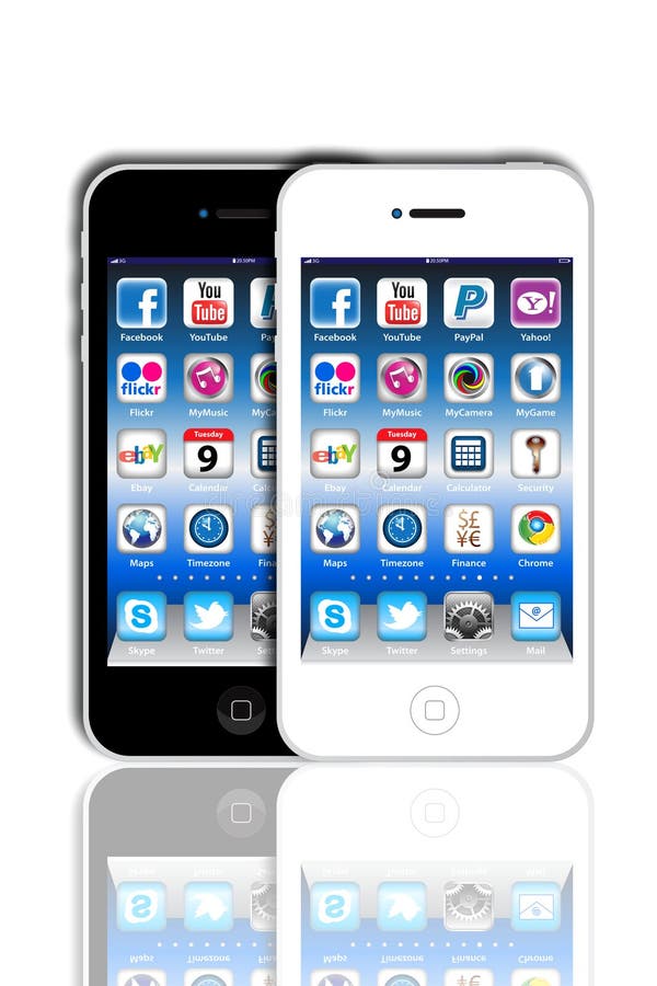 Sociale Madia apps op een iPhone 4 van de Appel stock illustratie Sociale Madia apps op een iPhone 4 van de Appel stock illustratie