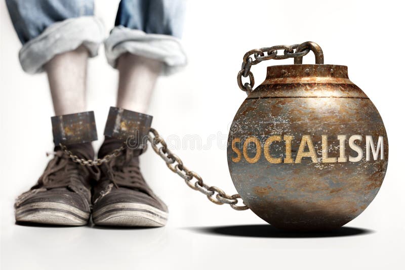 Socialism can be a big weight and a burden with negative influence - Socialism role and impact symbolized by a heavy prisoner`s