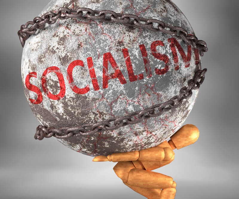 Socialism and hardship in life - pictured by word Socialism as a heavy weight on shoulders to symbolize Socialism as a burden, 3d