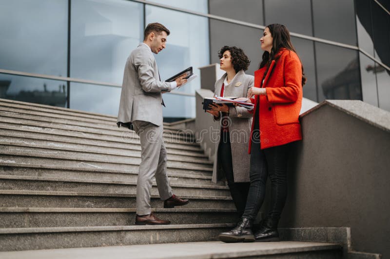 A trio of business colleagues engage in a conversation on the steps outside their office building, exchanging ideas and documents. A trio of business colleagues engage in a conversation on the steps outside their office building, exchanging ideas and documents.