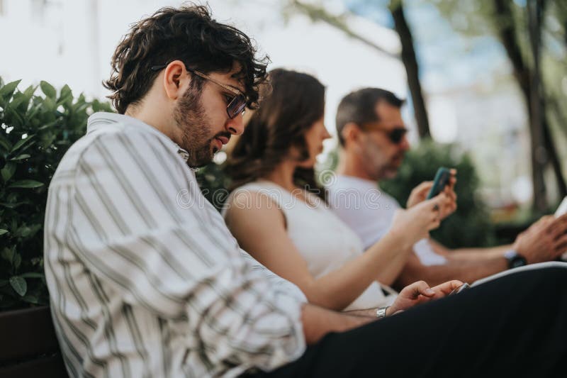 Company executives enjoy a sunny city break, casually seated on a bench post-work discussions. Company executives enjoy a sunny city break, casually seated on a bench post-work discussions.