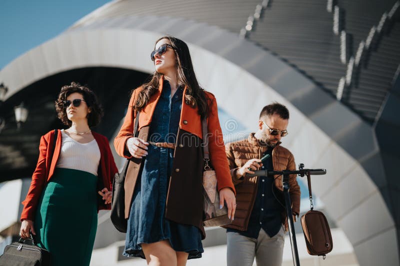 Three stylish businesspeople walking confidently in a city, reflecting modern urban business lifestyle against an architectural backdrop. Three stylish businesspeople walking confidently in a city, reflecting modern urban business lifestyle against an architectural backdrop.