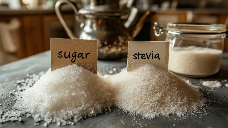 Socker kontra. stevia väljer ett naturligt sötningsmedel för en hälsosam livsstil. stock illustrationer