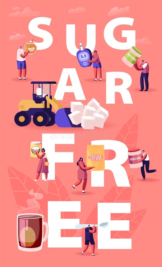 Sockerfritt koncept Personer som äter naturliga sötningsmedel tar bort kaninsocker från näringsintaget honung, kokosnötextrakt stock illustrationer