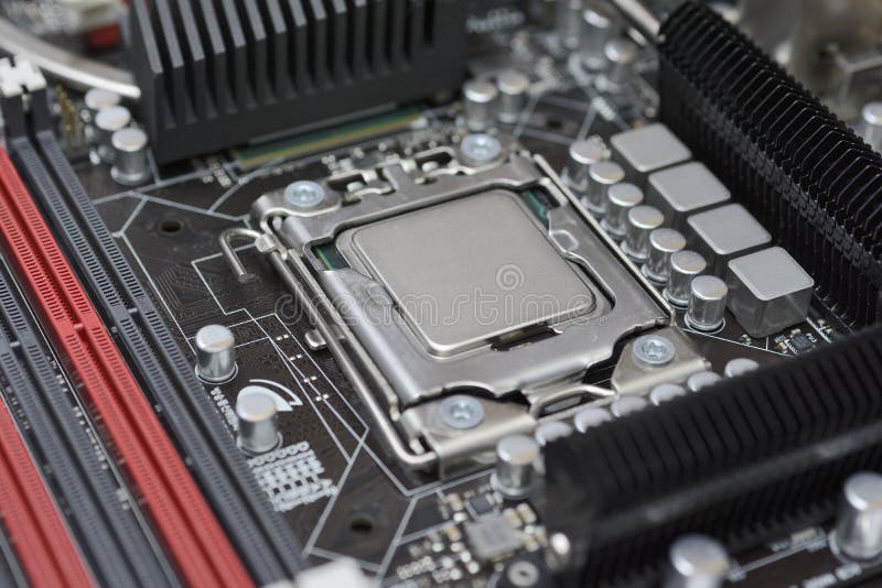 Socket for the central processing unit and slots for random access memory on the motherboard royalty free stock photography