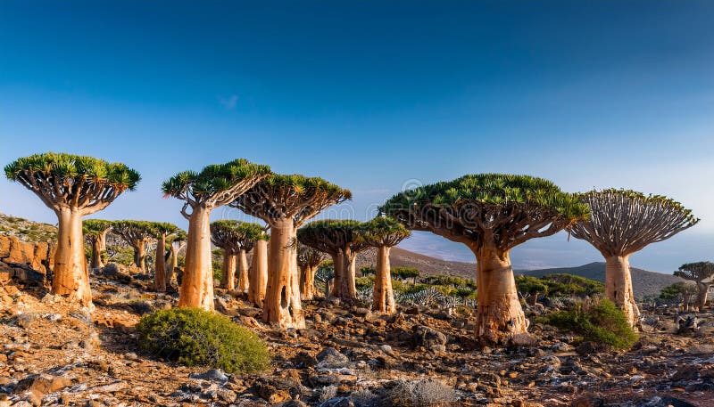 Socotras Dragon Blood Trees Highlight Unique Biodiversity vector illustration