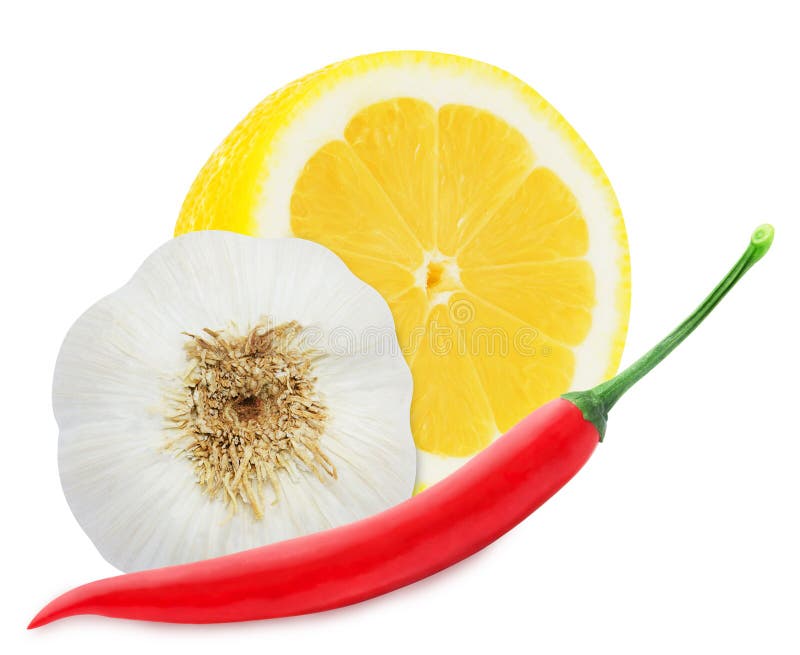 Juicy yellow lemon with a red chilli pepper and garlic isolated on a white background. Juicy yellow lemon with a red chilli pepper and garlic isolated on a white background