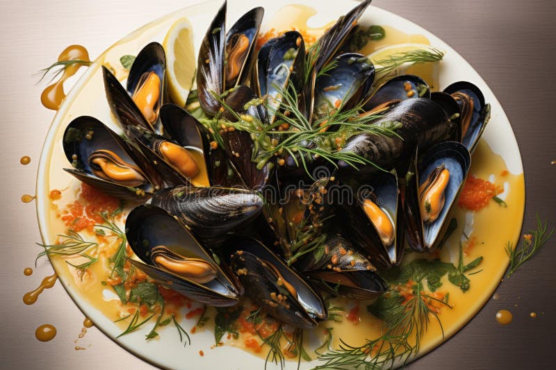 Juicy Mussels boiled restaurant food. French cooking. Generate AI AI generated. Juicy Mussels boiled restaurant food. French cooking. Generate AI AI generated