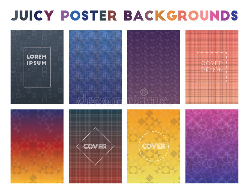 Soczyści Plakatowi tła. Juicy Poster Backgrounds. Alluring geometric patterns. Stunning background. Vector illustration.