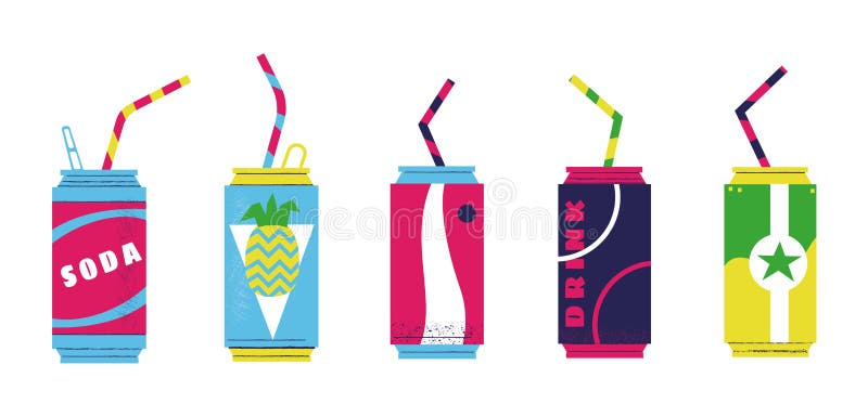 Soda cans. Cartoon fizzy sweet summer drinks in metal bottles with plastic straws. Fruit juice carbonated water set