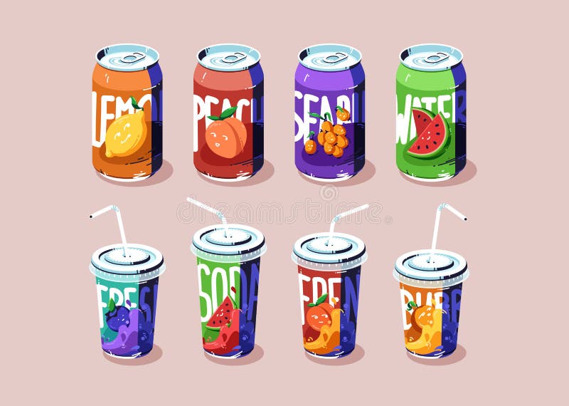 Soda cups and cans set, cold drinks of various flavors lemon, peach, watermelon and sea buckthorn or blueberry. Closed metal or plastic bottles with straws, fizzy fresh beverages, Cartoon illustration. Soda cups and cans set, cold drinks of various flavors lemon, peach, watermelon and sea buckthorn or blueberry. Closed metal or plastic bottles with straws, fizzy fresh beverages, Cartoon illustration