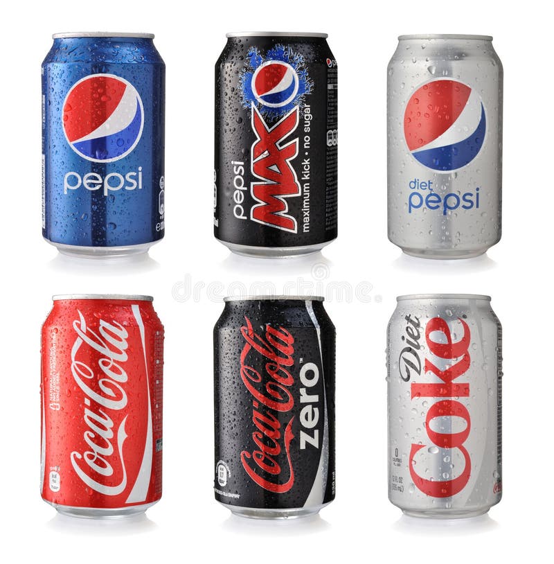 Bottles of global soft drink brands including products of Coca