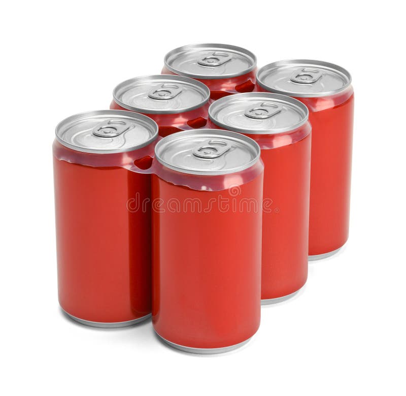 Six Pack of Red Soda Cans with Copy Space Isolated on White Background. Six Pack of Red Soda Cans with Copy Space Isolated on White Background.