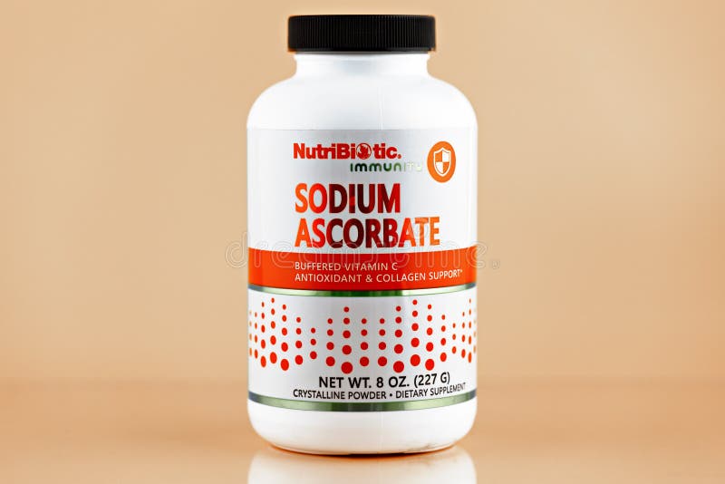 Sodium Ascorbate Powder in the Jar. Dietary Supplement Editorial Photo