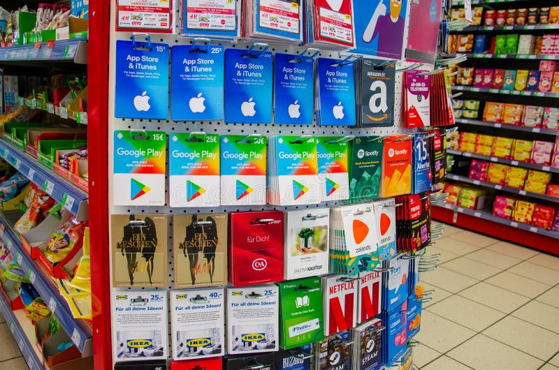 Soest, Germany - August 3, 2019: Different Gift Cards for sale in the shop