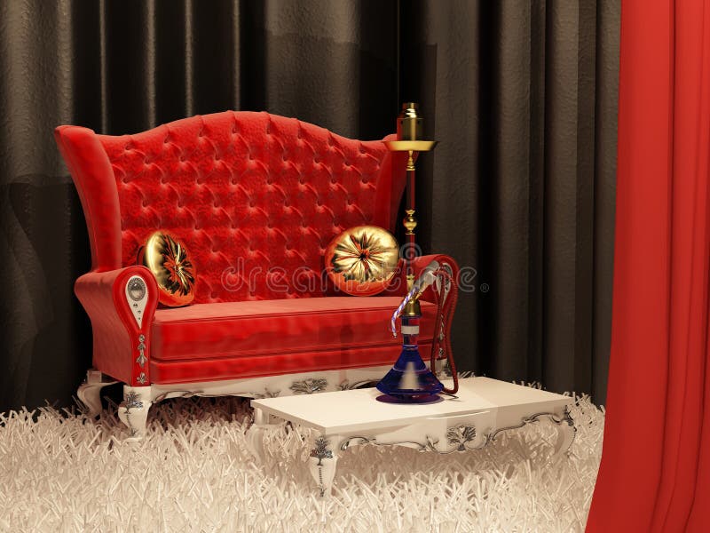 Sofa with pillow and hookah in east style interior. Sofa with pillow and hookah in east style interior