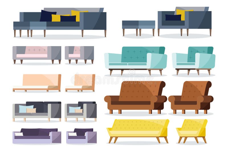 Sofa de forme différente colorée et fauteuils mous et en cuir avec l'ensemble d'icône de coussin illustration libre de droits Sofa de forme différente colorée et fauteuils mous et en cuir avec l'ensemble d'icône de coussin illustration libre de droits