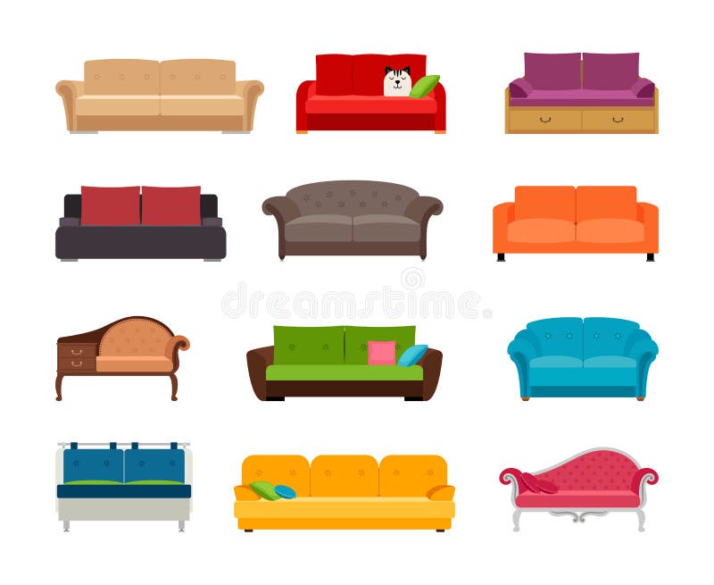Sofa farbiger Vektorsatz Bequeme Couchsammlung lokalisiert auf weißem Hintergrund für Innenarchitektur stock abbildung