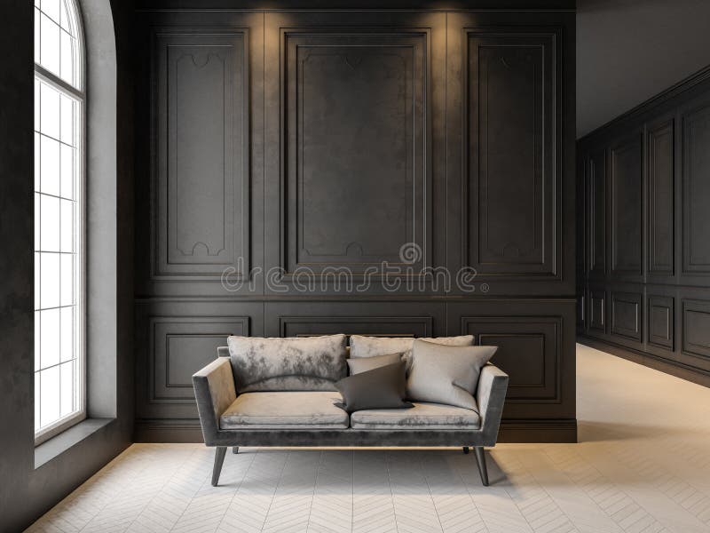 Sofa im klassischen schwarzen Innenraum 3D übertragen scheinbareshohes