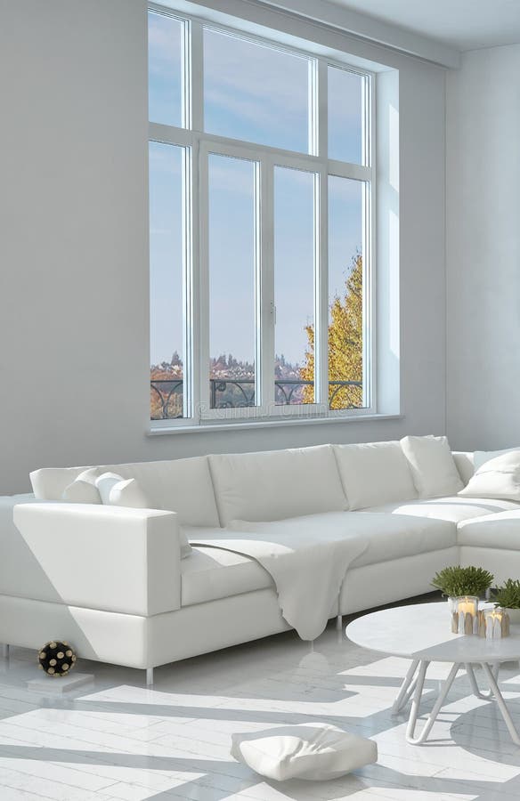 Sofa Near blanco elegante la ventana de cristal ilustración del vector