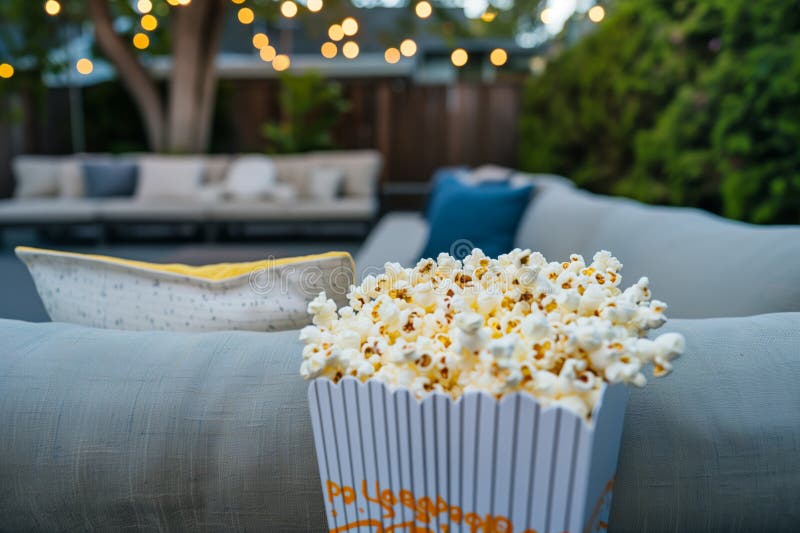 Sofa in Outdoor Setting with Popcorn for Openair Movie Stock Image