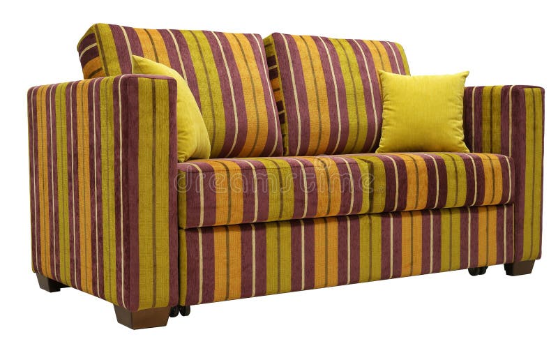 Sofa ray? color? d'isolement sur le fond blanc Sur les oreillers d?coratifs jaunes de divan Angle faible photos libres de droits Sofa ray? color? d'isolement sur le fond blanc Sur les oreillers d?coratifs jaunes de divan Angle faible photos libres de droits