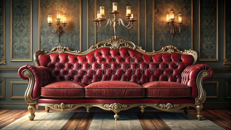 Sofa rosso velluto, opulente e antico, con i cuscini di arbusti, un pezzo di dichiarazione senza tempo per una stanza di grande be royalty illustrazione gratis